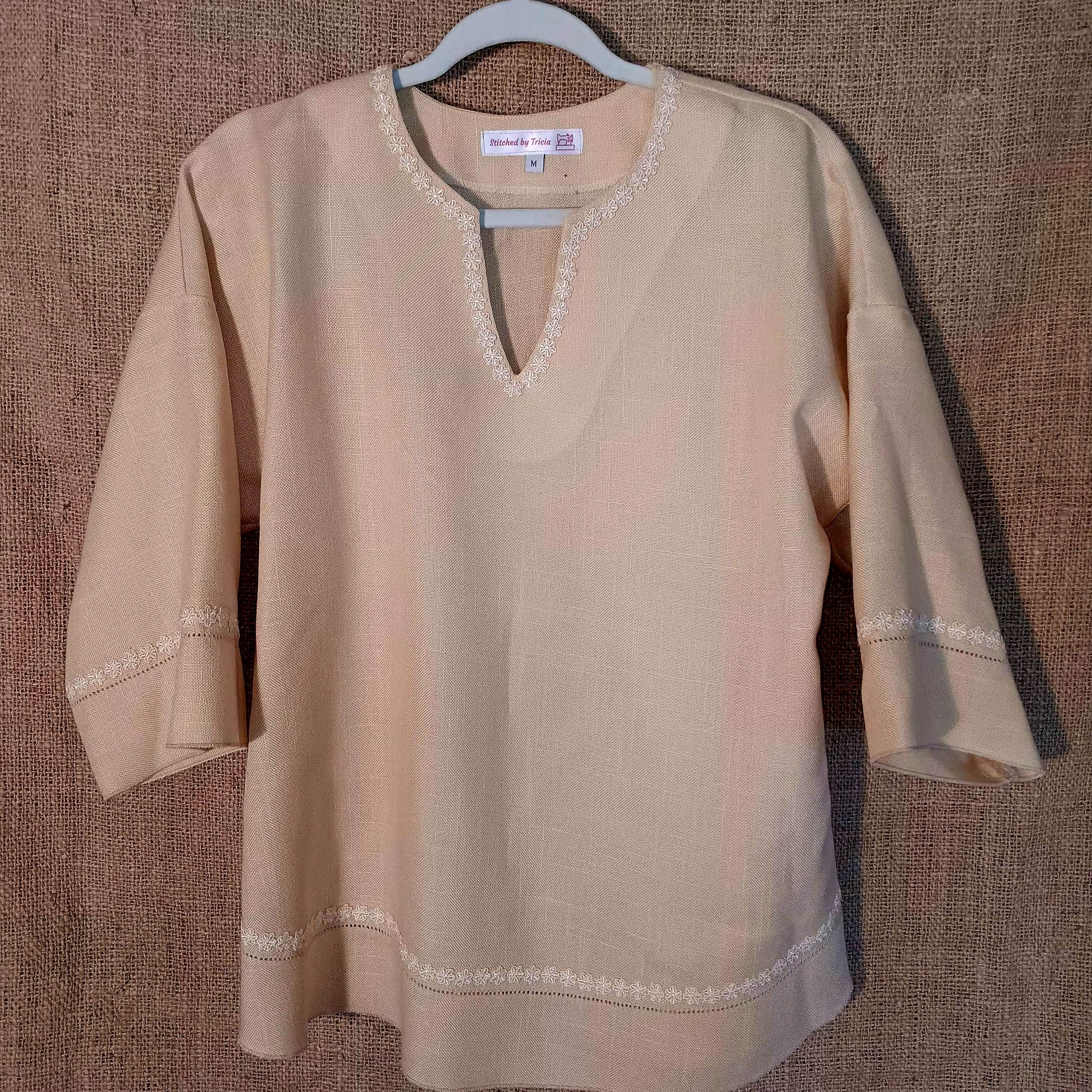 Upcycled Pale Yellow Linen Look Tunic Top With Flower Trim